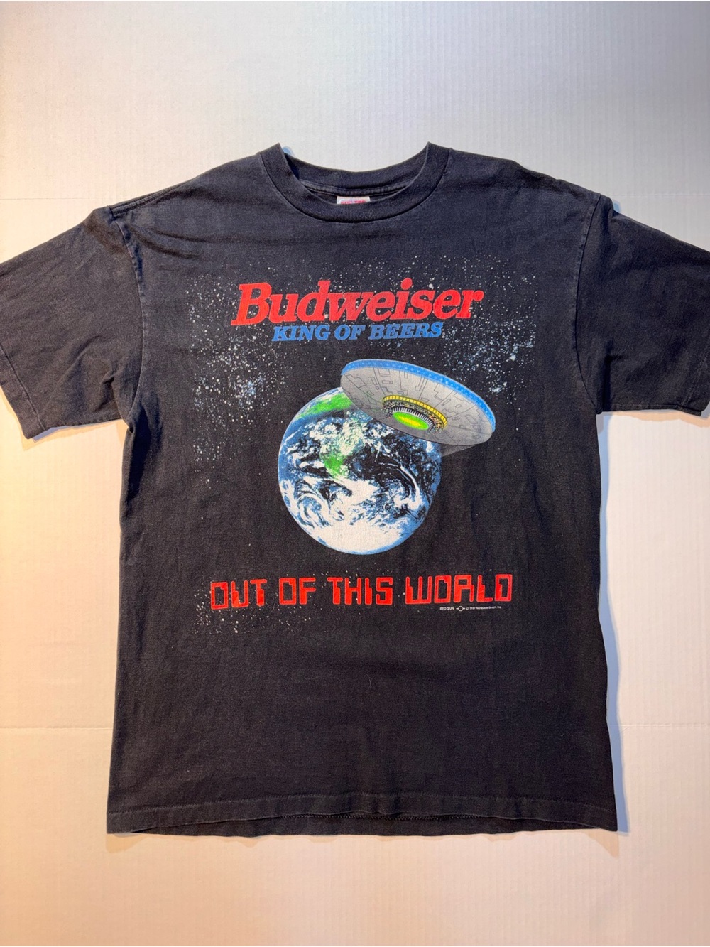 Vtg Budweiser King Of Beers 90’s USA UFO Alien Double Sided Graphic Tshirt Sz XL